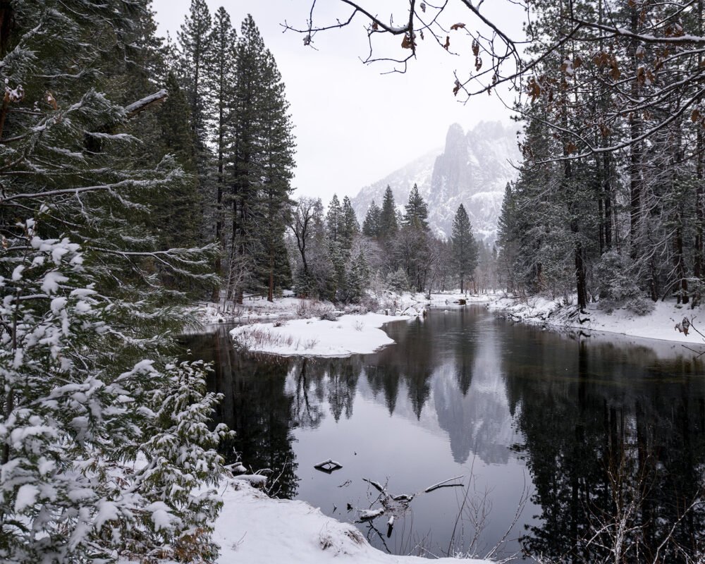 A winter storm brings snow and silence to Yosemite Valley's Merced River, mountains and Forests, revealing another beautiful side of nature