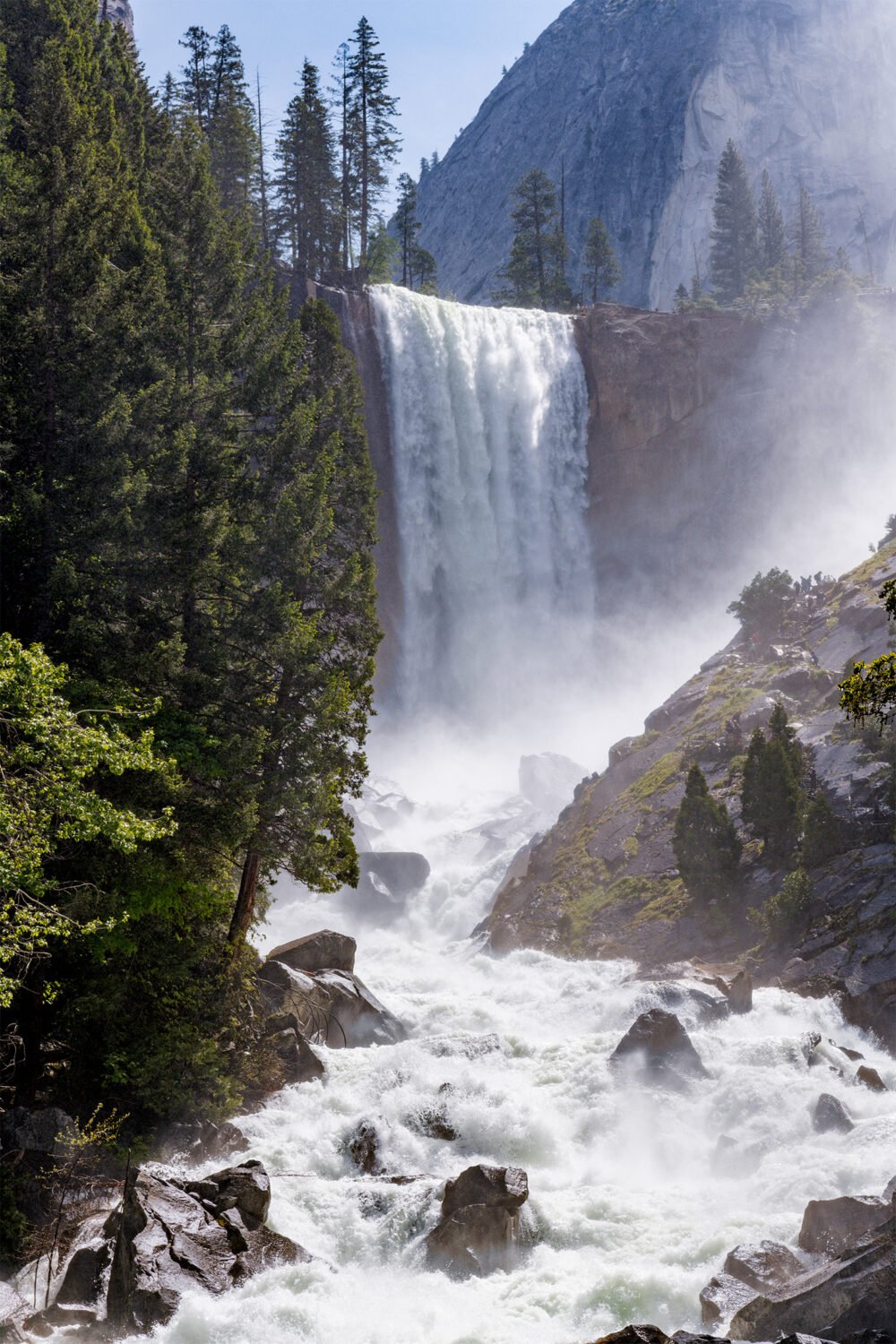 A close-up of Vernal Fall, one of Yosemite's most loved, dramatic and visited waterfalls that feeds the Merced River in Yosemite Valley