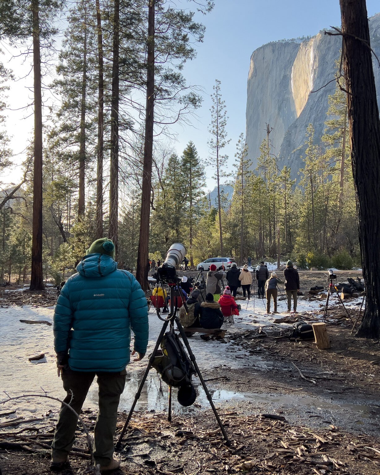 Photographer stands before Yosemite's Firefall