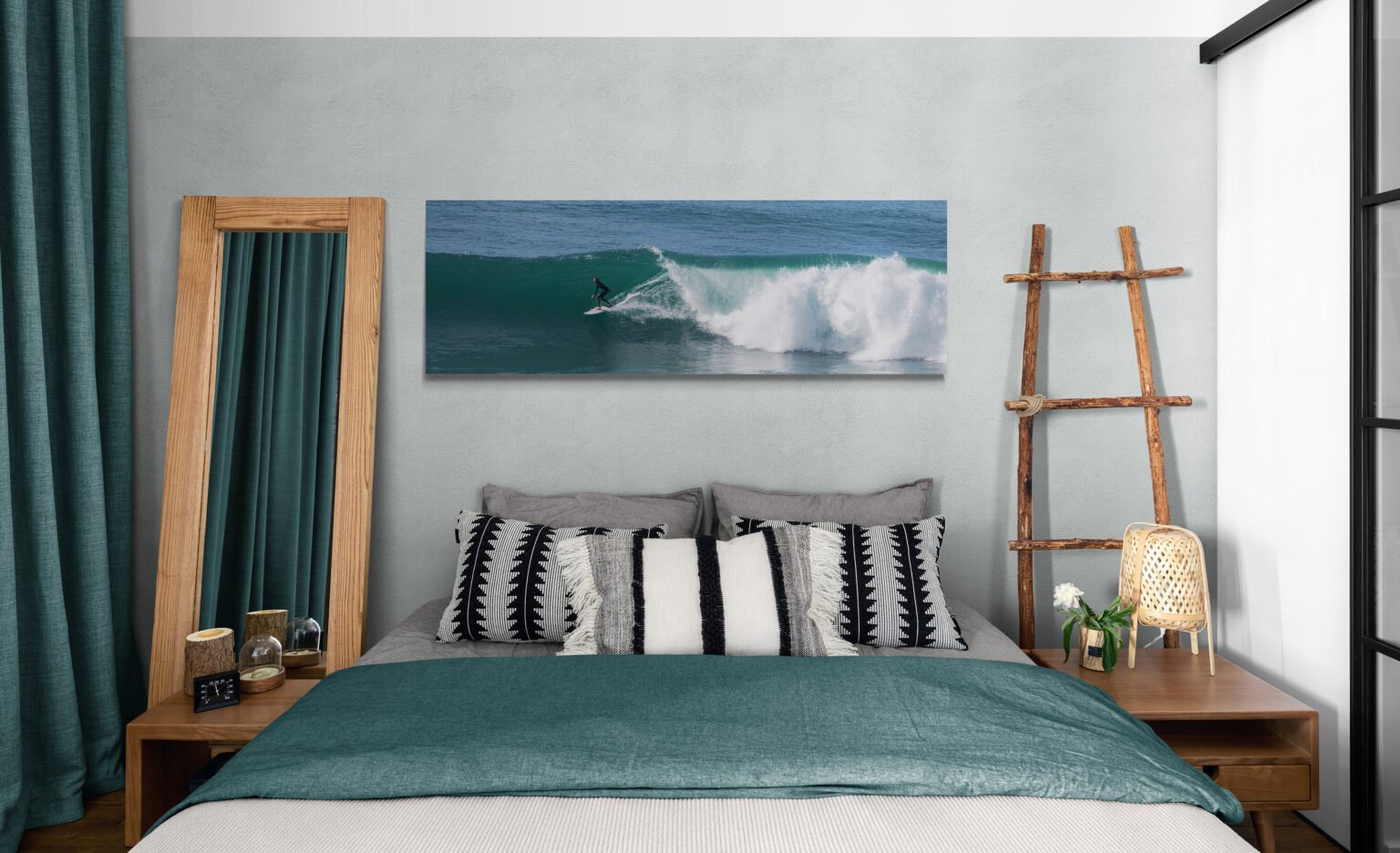 Big waves after a storm at Swami's Beach in Southern California invite surfing photography and are fun to watch and on display in a boho style bedroom