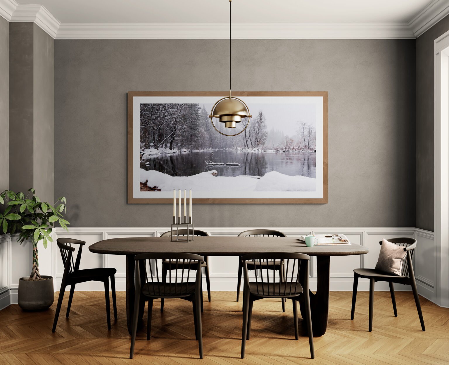 A panorama of a winter storm bringing snow and ethereal silence to Yosemite Valley's Merced River revealing another side to the beauty of nature. Here on display in a classic dining room with wainscoting.