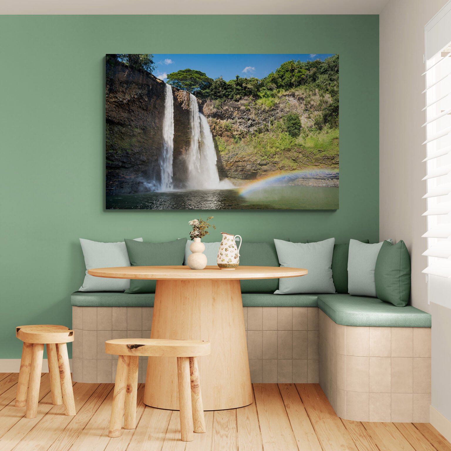 A rainbow rises from the mist at Kauai's Wailua Falls which consists of three dramatic parallel falls. This is one of Hawaii's most beautiful waterfalls that invites you to go for a swim, here on display in a dining area with a corner bench seat.