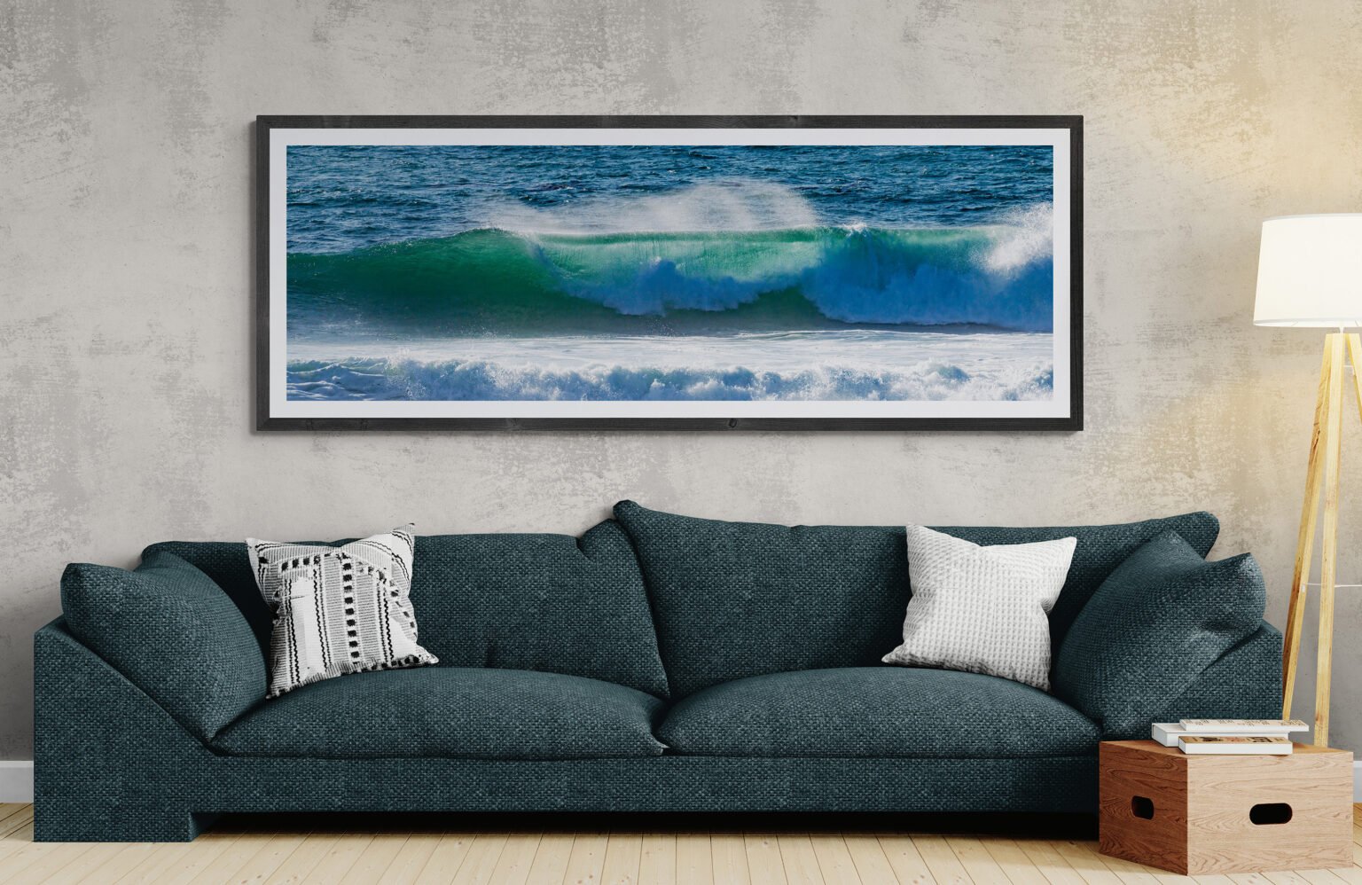 Big waves after a storm at Swami's Beach in Southern California are beautiful and invite surfing and photography. Displayed in a living room with comfy sofa and tall lamp.