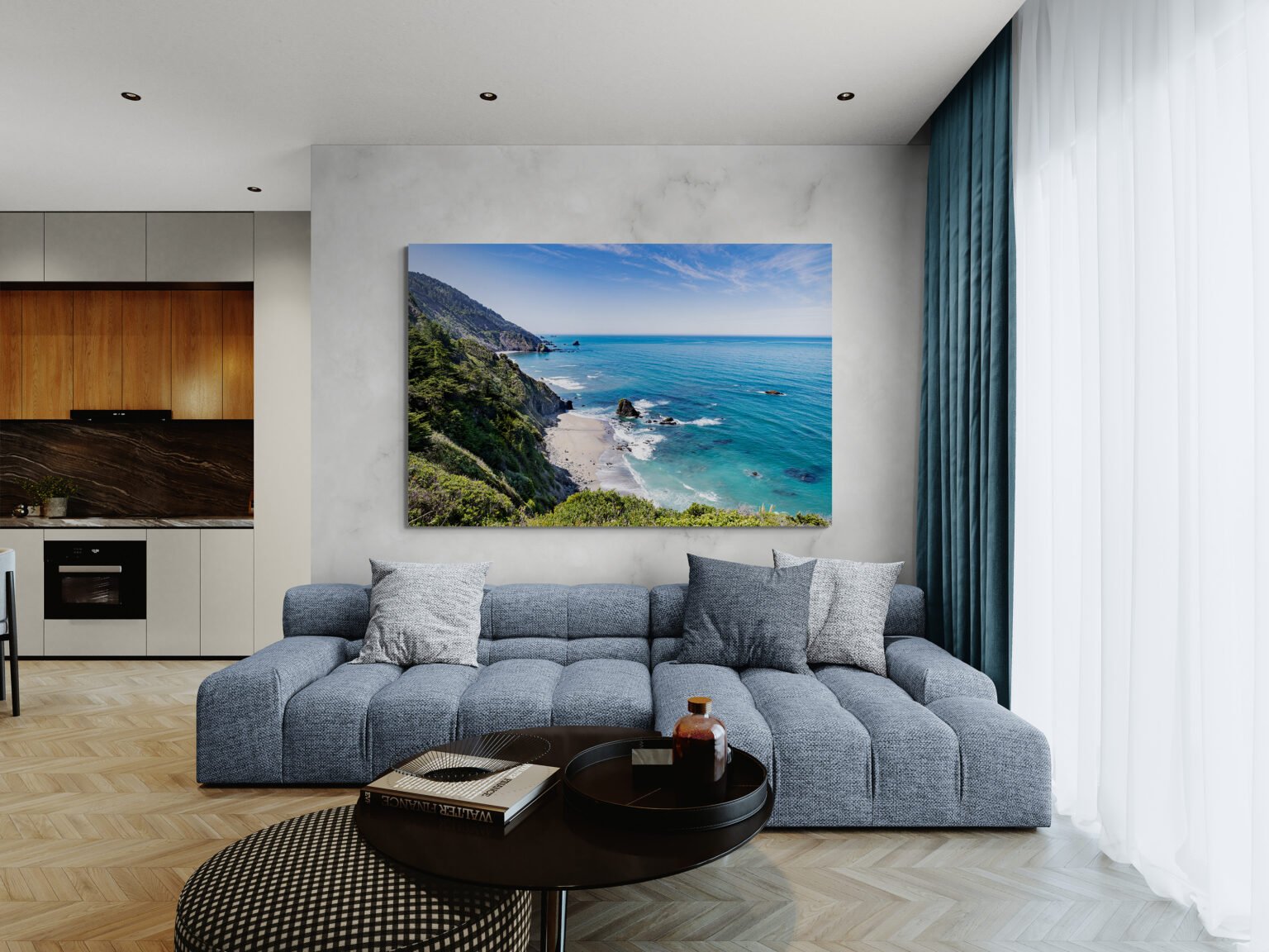 Small waterfalls greet you on a lush and beautiful trail through mountains and the unspoiled nature of a rainforest in Olympic National Park displayed in a living room surrounded by plants